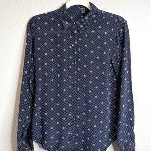 Ann Taylor Size X-Small 100% Silk Navy Design Button Down Blouse
